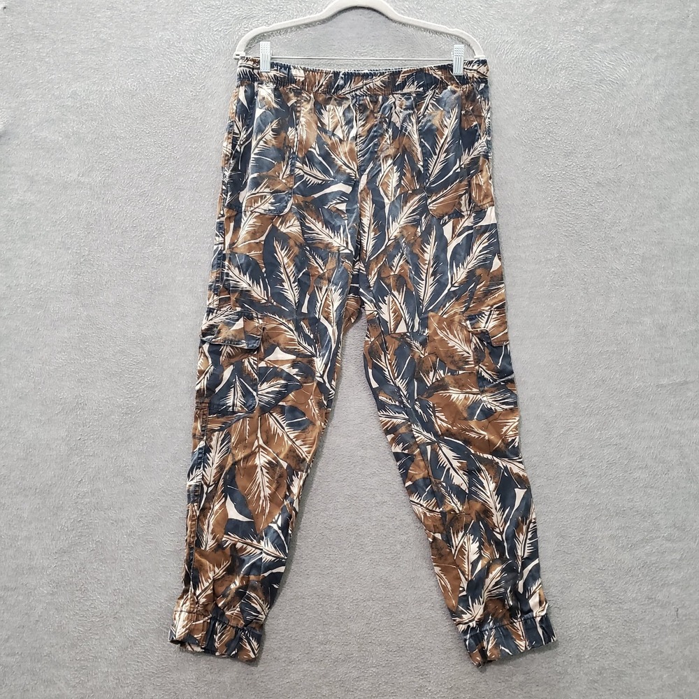 Nicole Miller Women Pants Large Blue Leaf Print Jogger Cargo Pockets READ